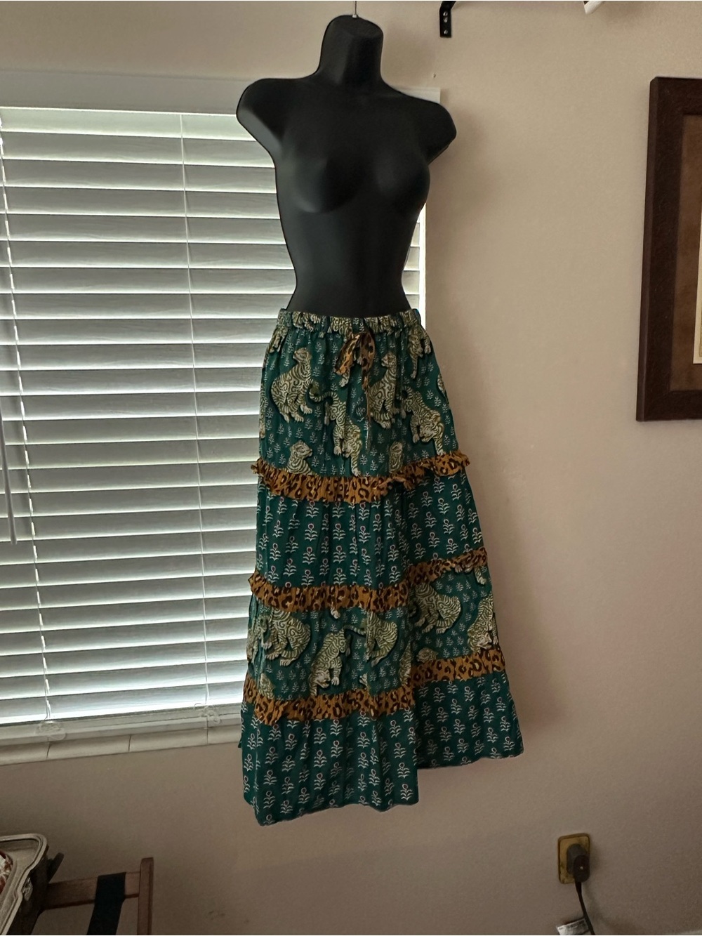 Printfresh Green Tiered Maxi Skirt with Leopard Trim